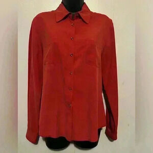 SILK CLUB Collection Red/Rust 100% Silk Button Up Long Sleeve Blouse Size Sm EUC